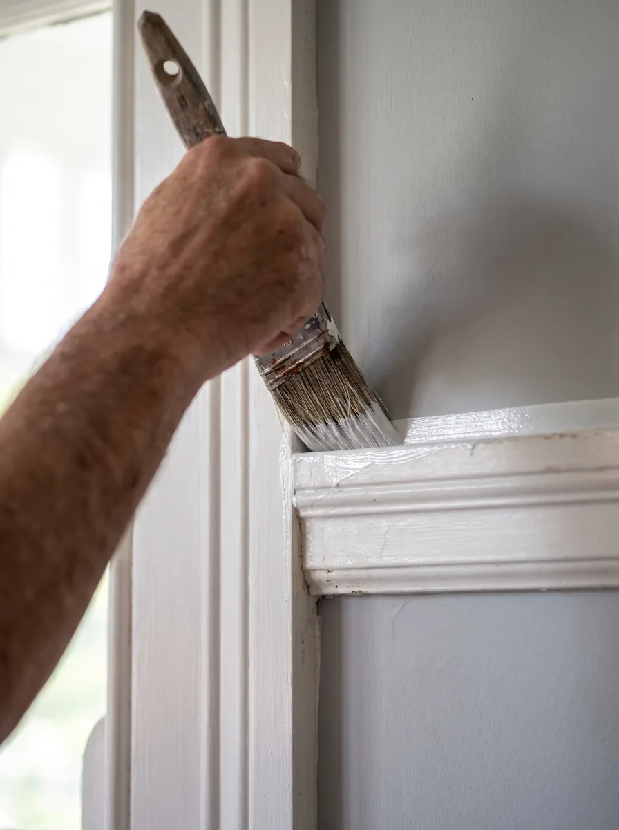 A painter cutting in by hand with a sash brush, laying a straight wet edge along a moulded picture rail