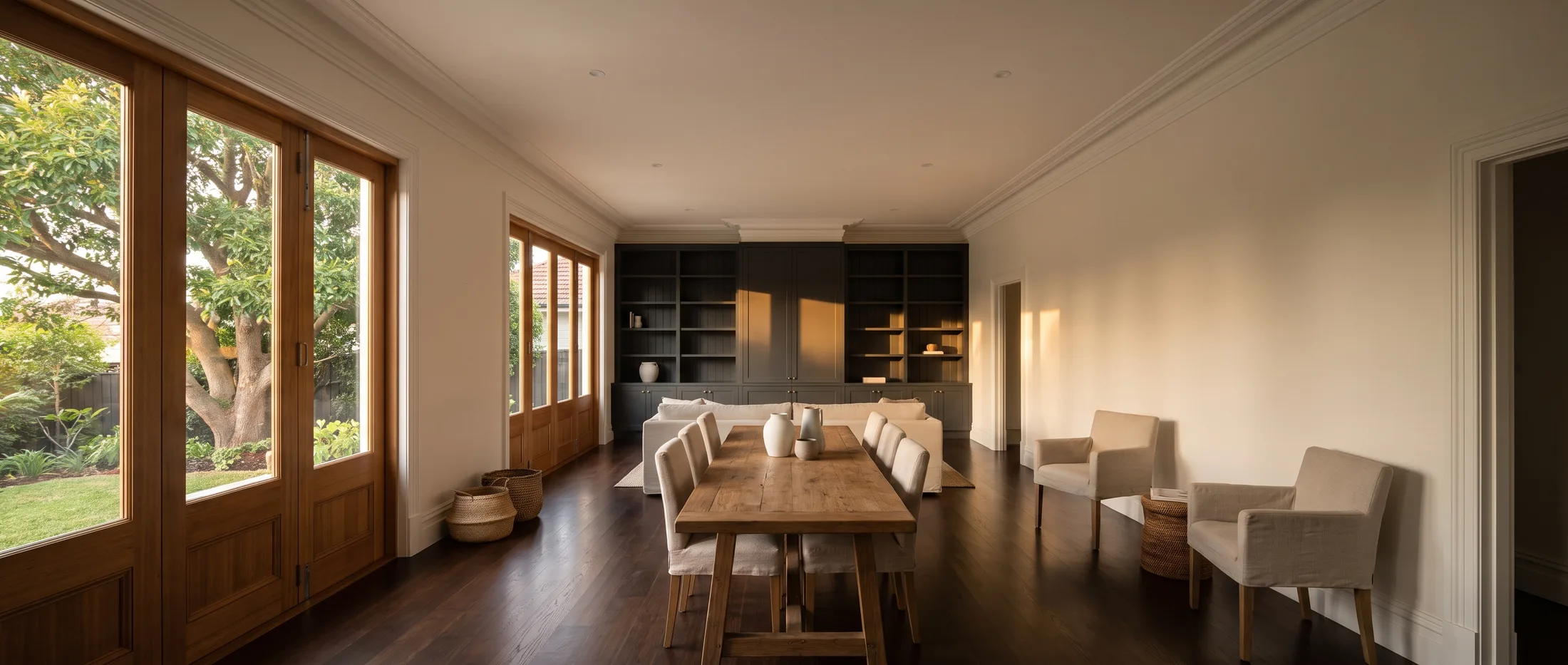 A freshly painted open living and dining space in a renovated Sydney home at dusk