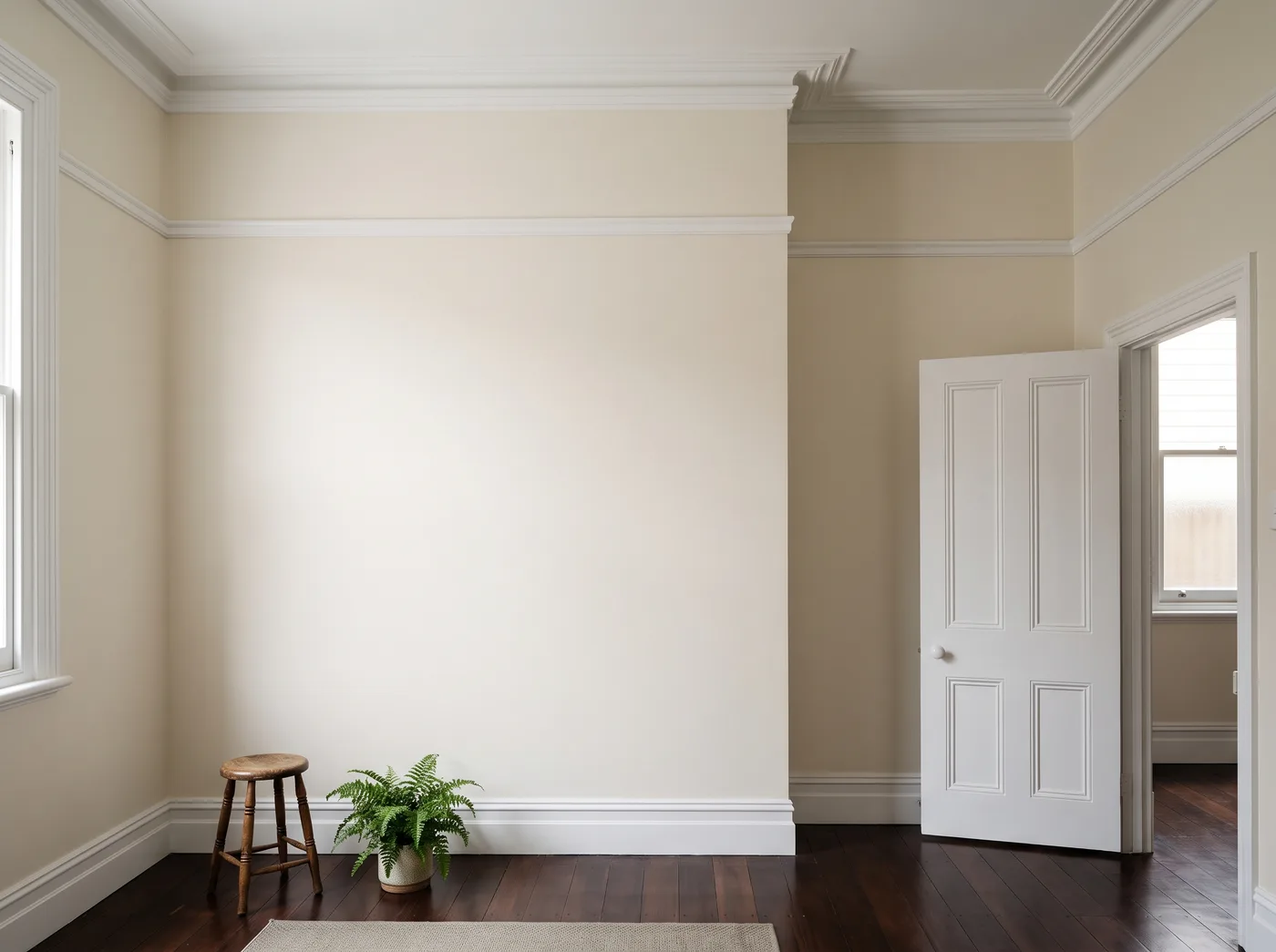 A freshly painted interior room with a crisp line where the wall meets a decorative cornice